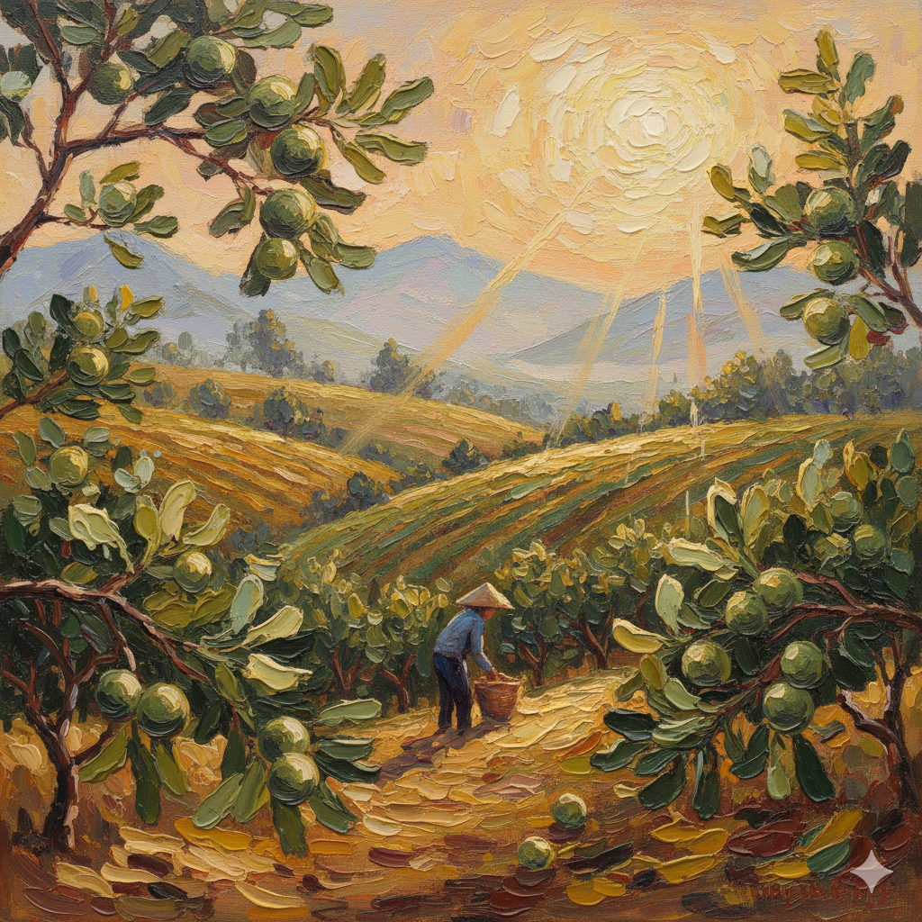 Hạt mắc ca vàng óng và socola đen trên nền gỗ tự nhiên