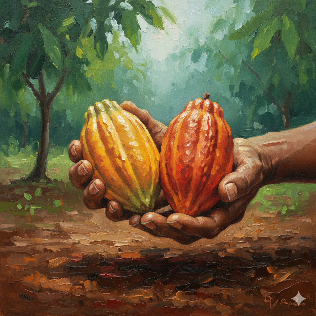 Nông dân thu hoạch trái cacao chín vàng ở miền Trung Việt Nam