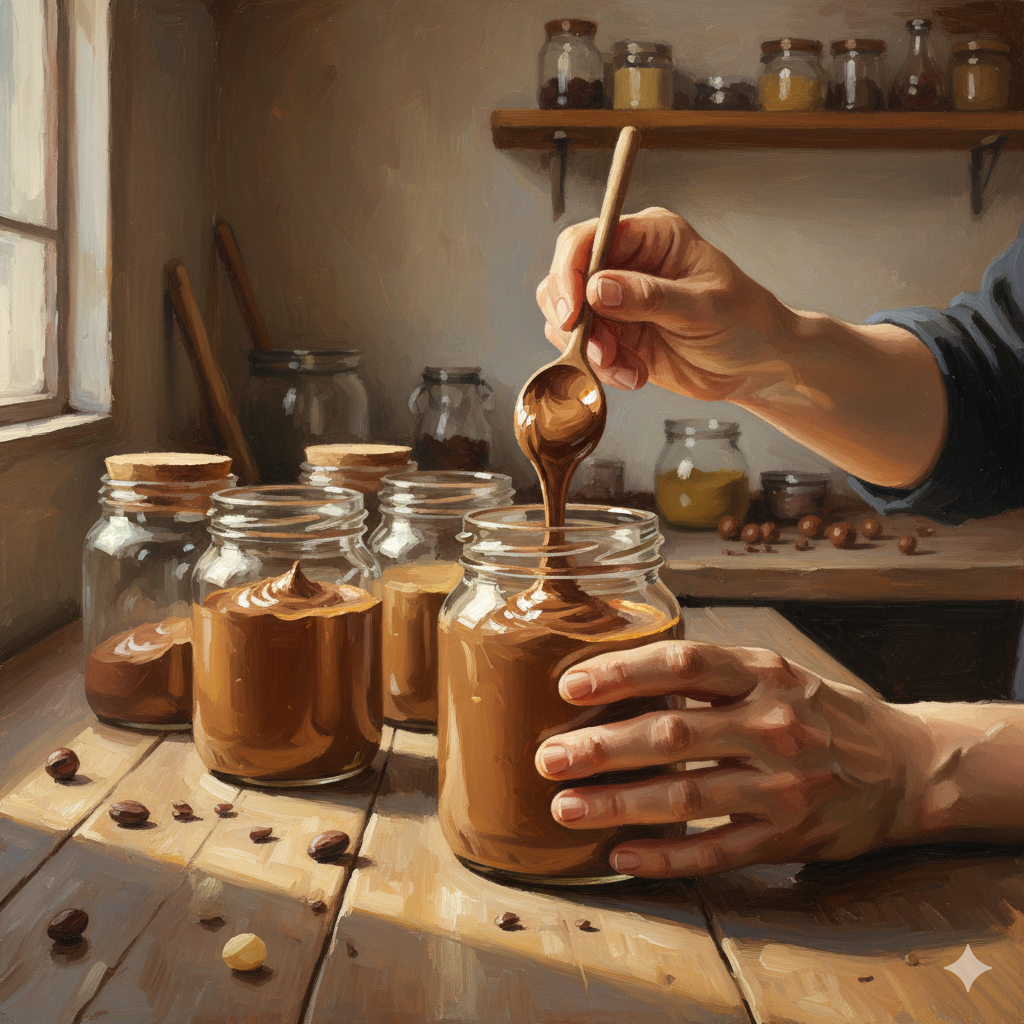 Nghệ nhân đang chế biến mứt mắc ca thủ công trong xưởng sản xuất